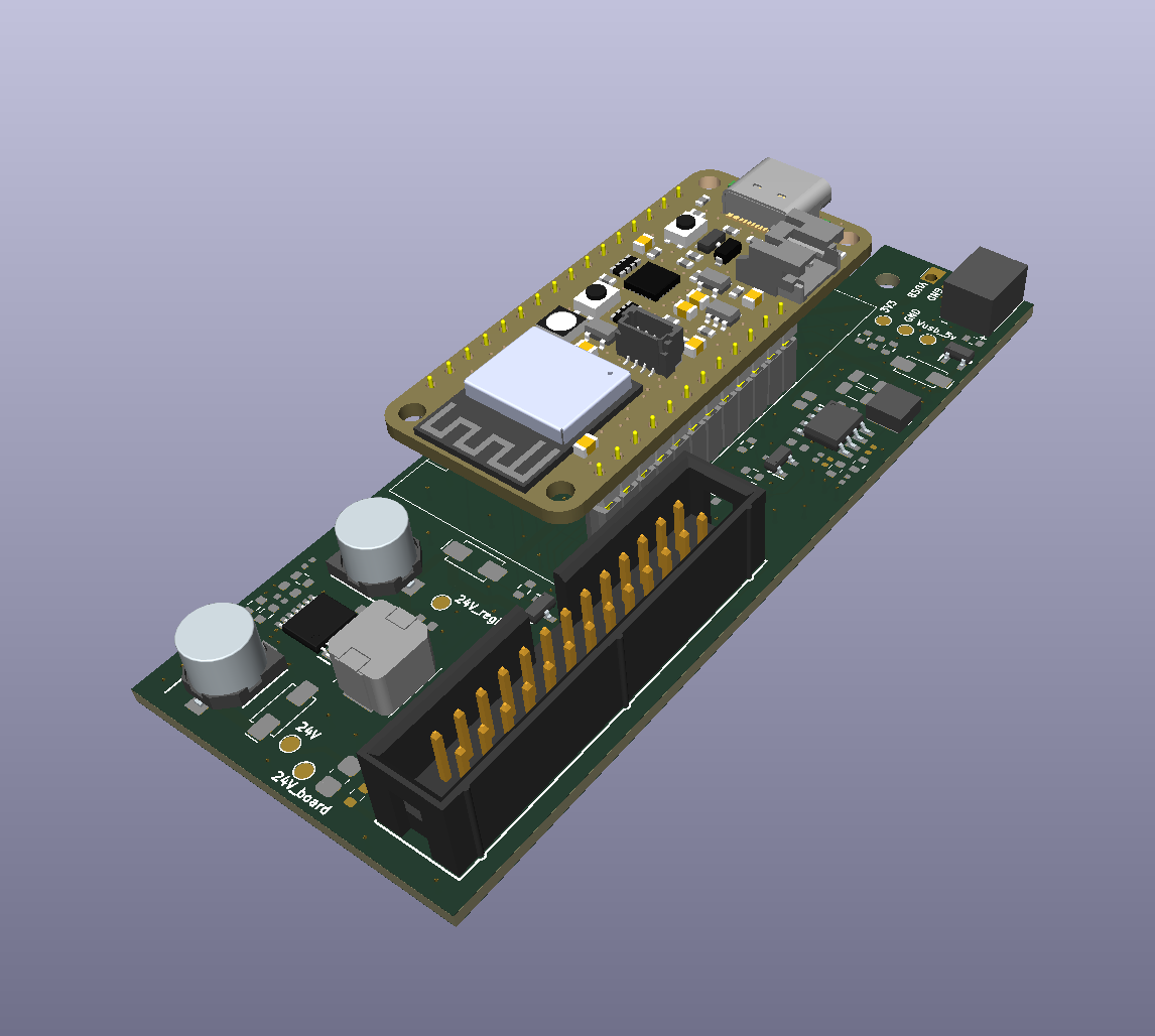 3D render of the driver board with ESP32 Feather and IDC connector