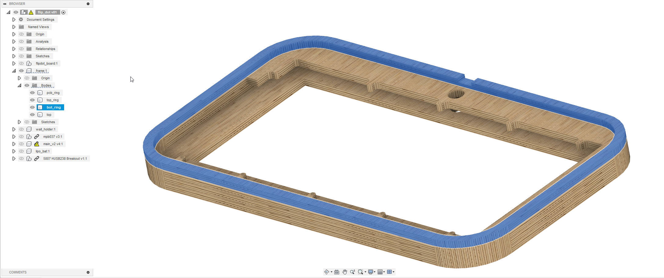 Fusion 360 view of individual plywood layers in the frame stack