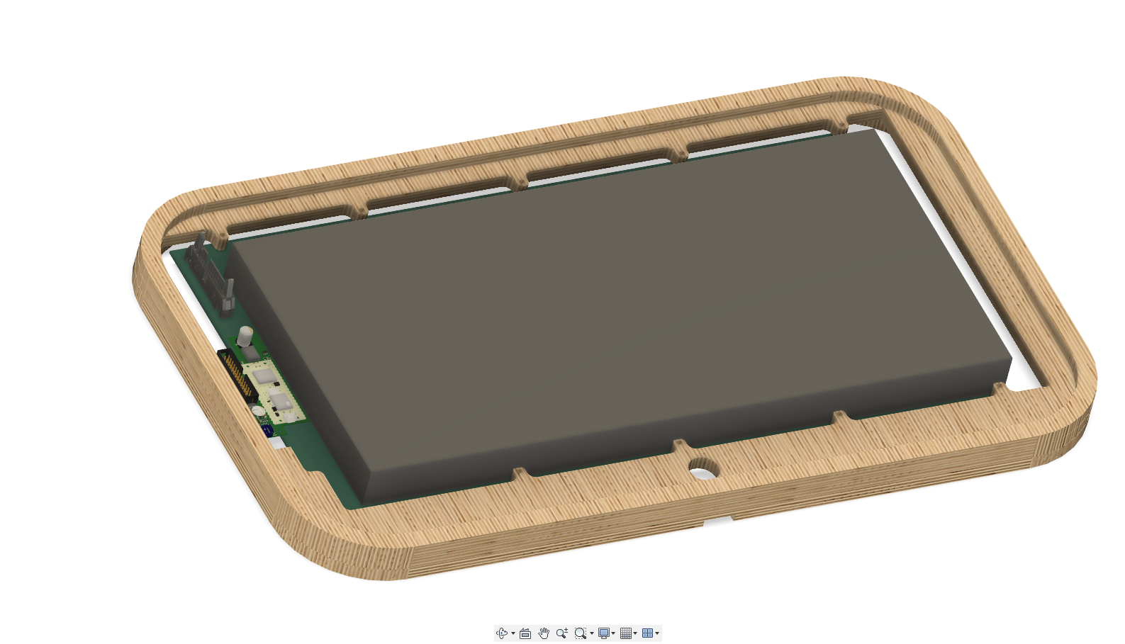 Exploded Fusion 360 view with flip-dot board and driver PCB in the frame cavities
