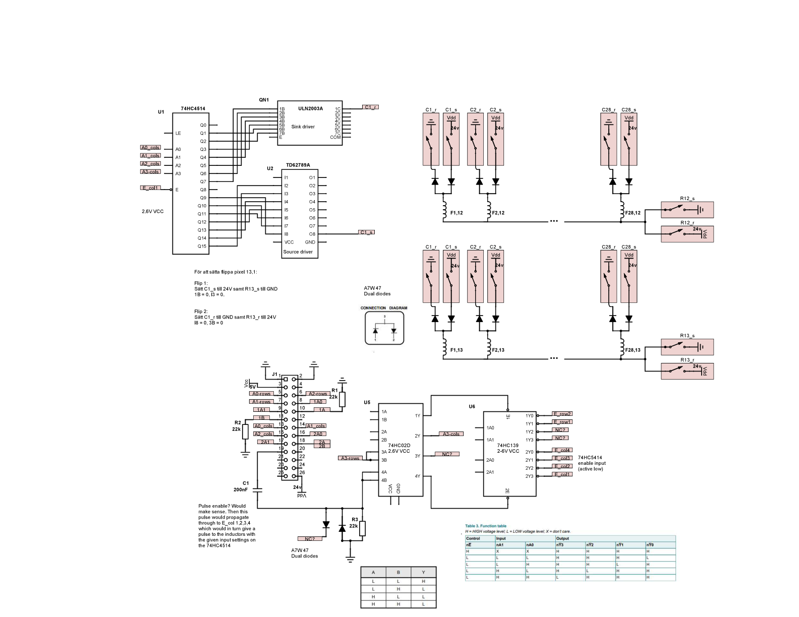 Hand-drawn schematic of the flipdot driver sections